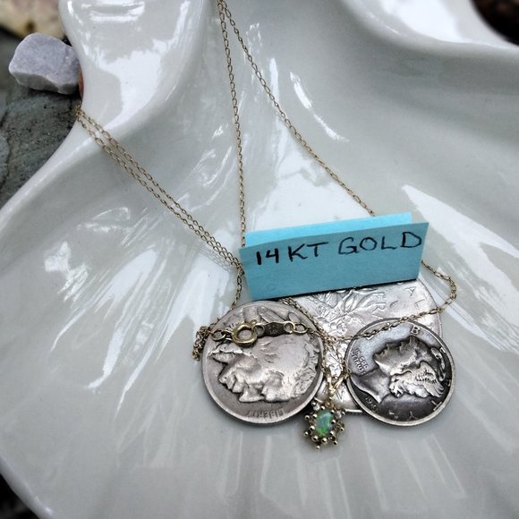 14kt Gold Jewelry - Solid 14kt Gold & Opal w/Diamond Necklace